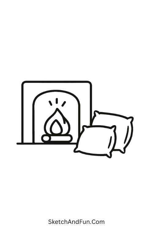 Glowing Fireplace scene for cozy fireplace drawing ideas with soft flames.