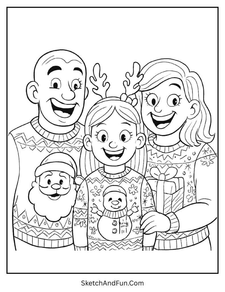 Family in silly Christmas sweaters from winter outfit coloring page simple outline.