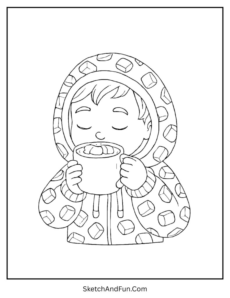 Hoodie with marshmallow design and cocoa mug from winter outfit coloring sheet pdf download.