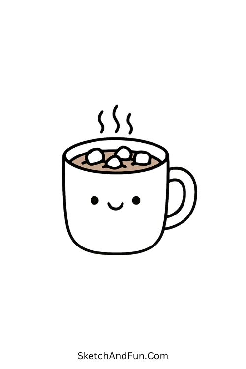 Hot Cocoa Mug with marshmallows for cozy coffee drawing ideas and warm steam.
