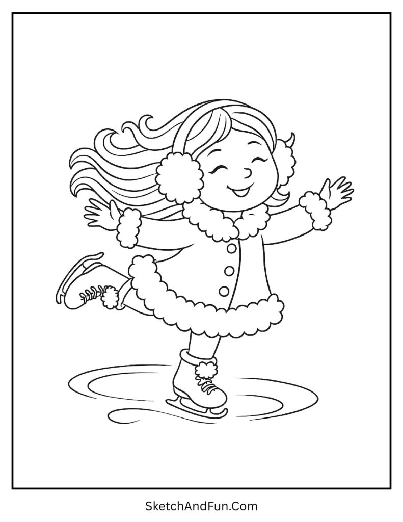 Little girl skating on ice in earmuffs for winter outfit coloring page for kids.