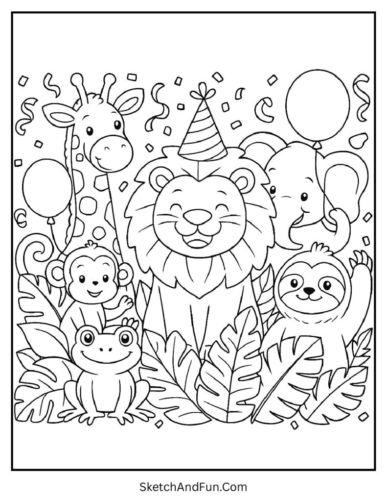 Celebrating lion with animals in a lively lion coloring book printable.