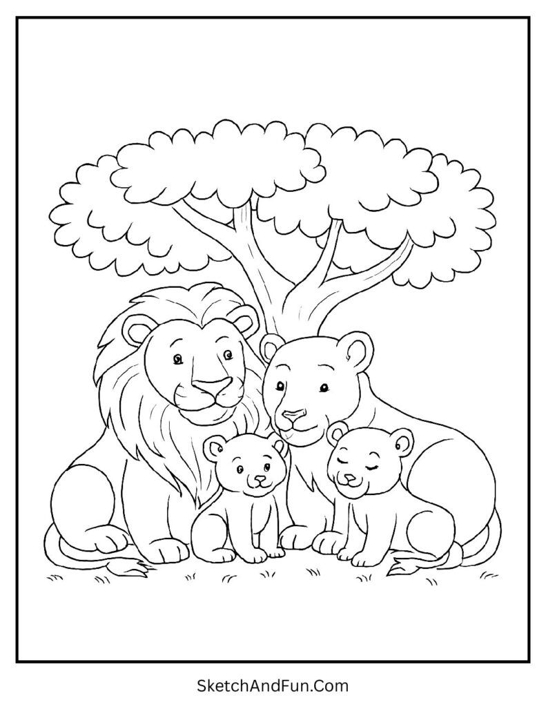 Happy lion family resting under a tree in a warm lion family coloring page.