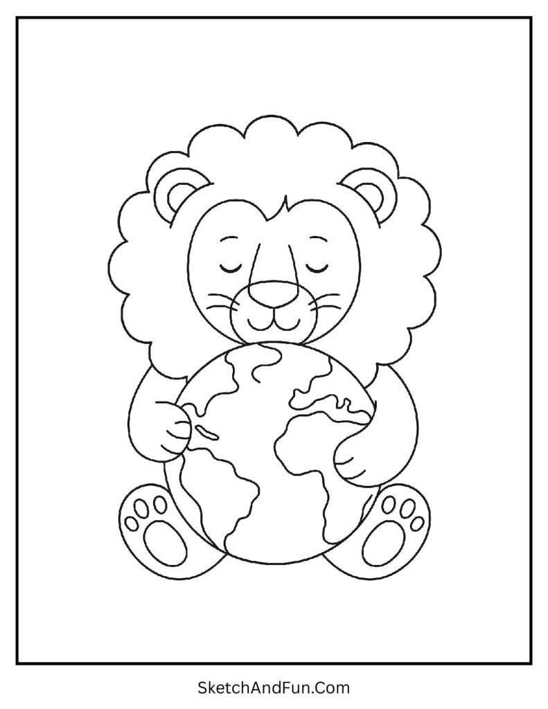 Kind lion holding the globe in a gentle African lion coloring sheet.