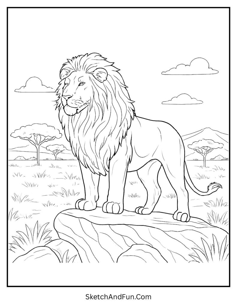 Proud lion on a rock styled as a majestic lion coloring page.