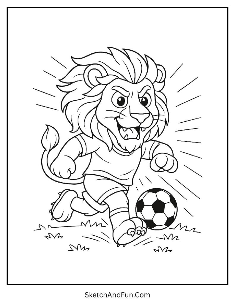Sporty lion kicking a ball in a playful lion coloring page outline.
