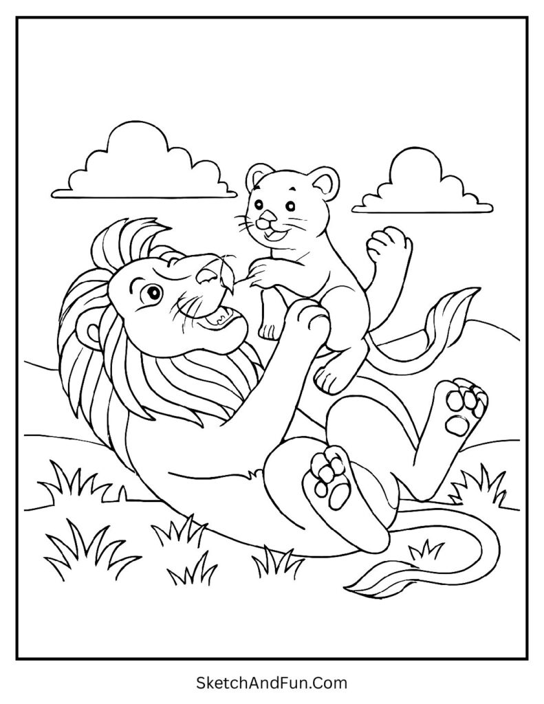 Parent lion playing with cubs in a warm tribal lion coloring page.