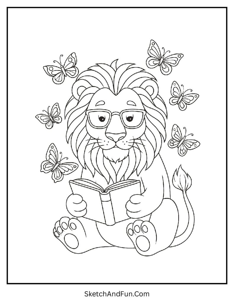 Glasses-wearing lion reading in a patterned zentangle lion coloring page.
