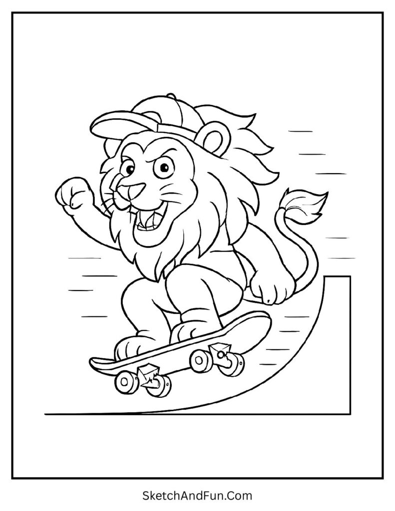 Cool lion skating on ramp in a fun lion dot to dot coloring sheet.