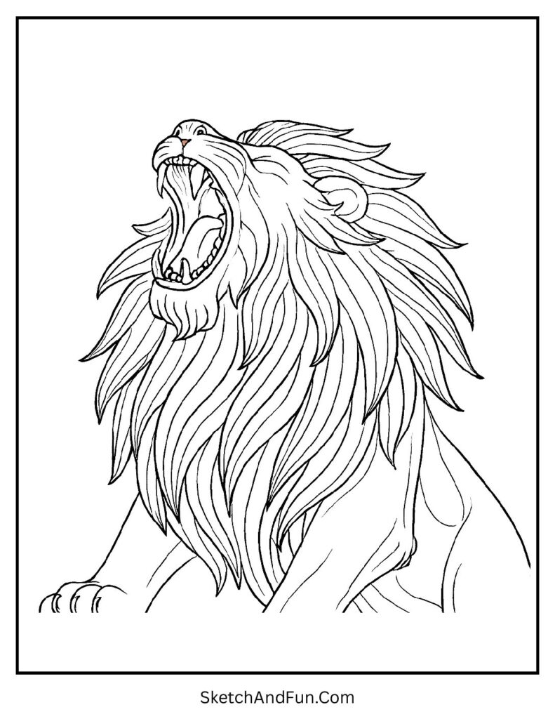 Powerful lion roaring upward in a bold roaring lion coloring sheet.