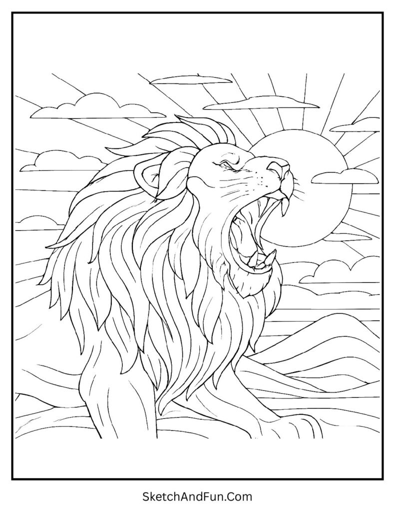 Strong lion roaring at sunset in a dramatic realistic lion coloring sheet.