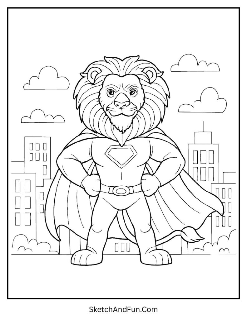 Brave cape-wearing lion in a fun cartoon lion coloring page.