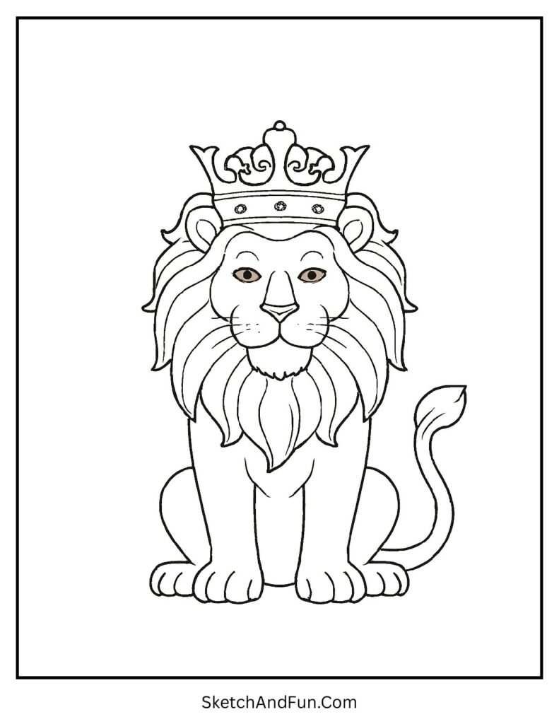Royal lion with a crown in a strong king of the jungle lion coloring page.