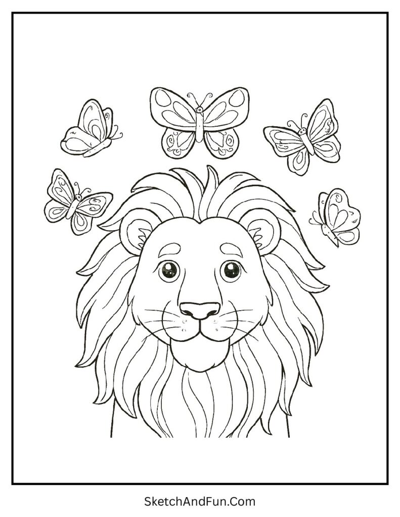 Soft lion with butterflies in a sweet printable lion coloring pages design.