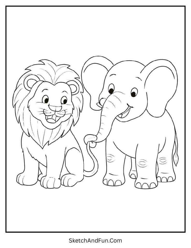 Lion and elephant together in a friendly lion pride coloring page.