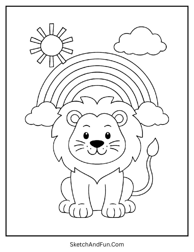Joyful lion under a rainbow in a bright lion coloring page A4 printable.