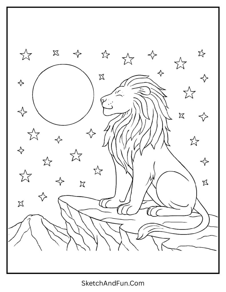 Calm lion watching the moon in a soft realistic lion face coloring sheet.