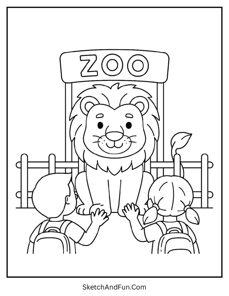 Smiling lion behind a zoo fence in simple easy lion coloring pages.