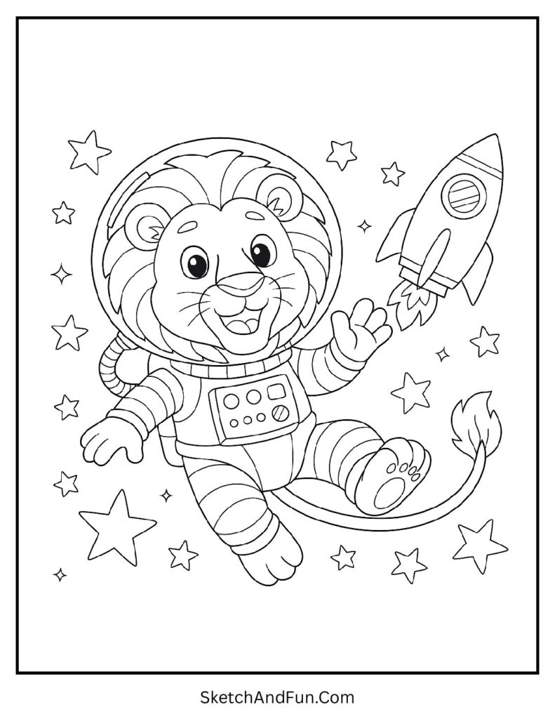 Floating space lion in a clean geometric lion coloring page style.