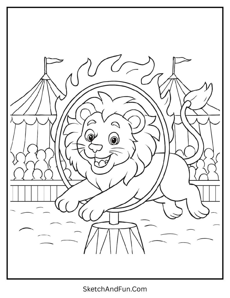 Circus lion jumping through hoop in a simple lion coloring pages pdf.