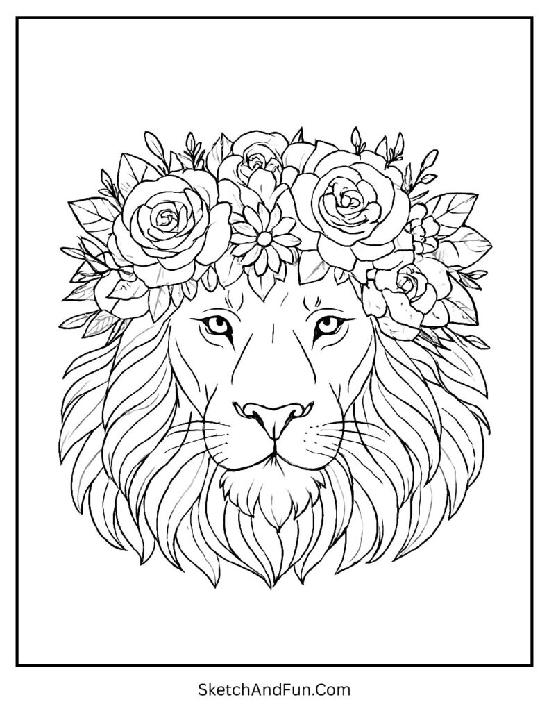 Peaceful lion with floral mane in a soft mandala lion coloring page.