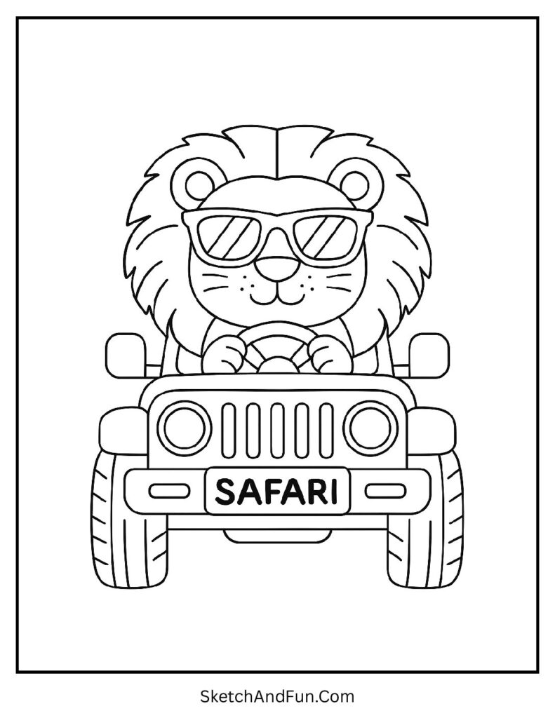 Playful lion driving a jeep in a fun lion coloring page for kids.