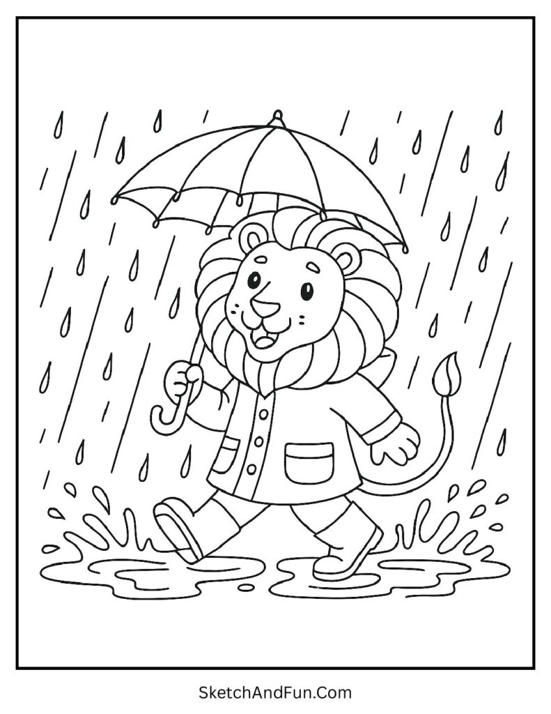 Lion with umbrella in puddles for a cozy lion coloring page for kids.