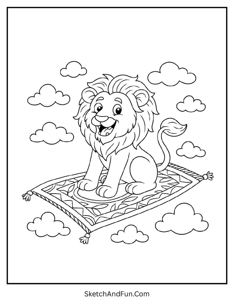 Flying lion on clouds in a clean black and white lion coloring page.