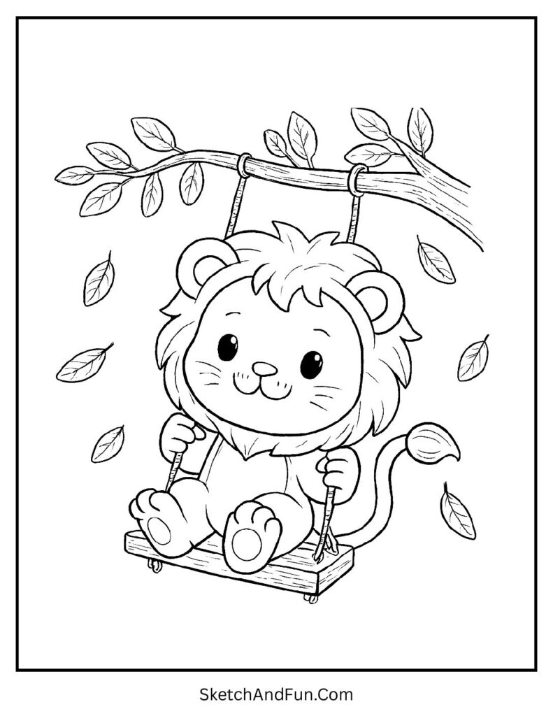 Cute cub on a swing in a sweet baby lion coloring page theme.