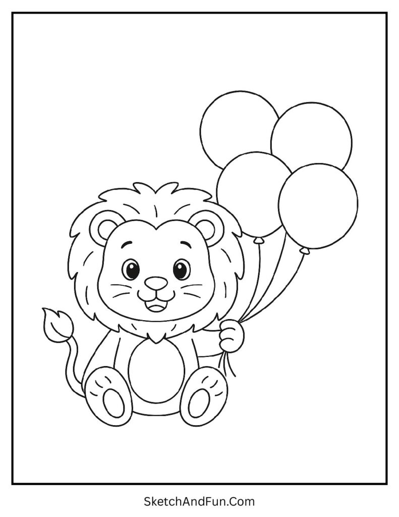 Cheerful lion holding balloons in a happy lion coloring pages free style.