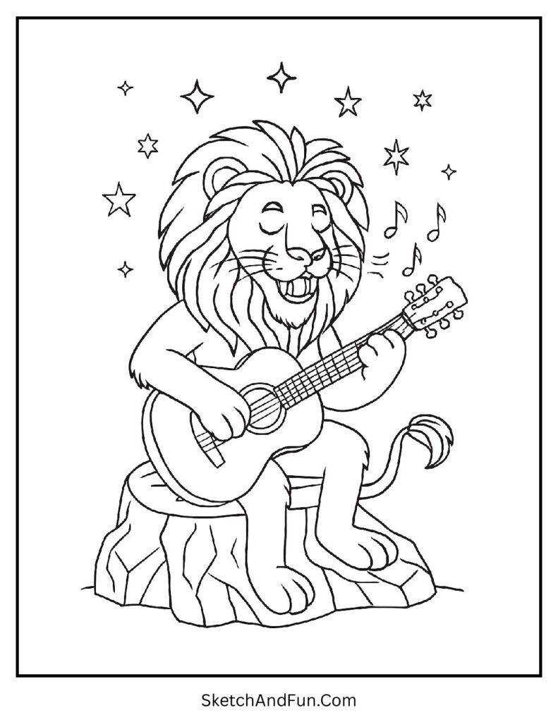 Musical lion under stars in a detailed lion coloring pages for adults.