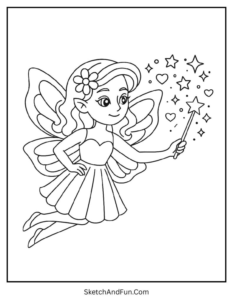 Fairy casting sparkly spells in air for fairy unicorn coloring pages for kids.