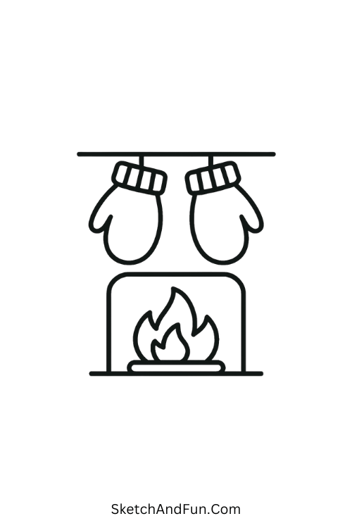 Mittens by Fire for cozy Christmas drawing ideas warm scene.