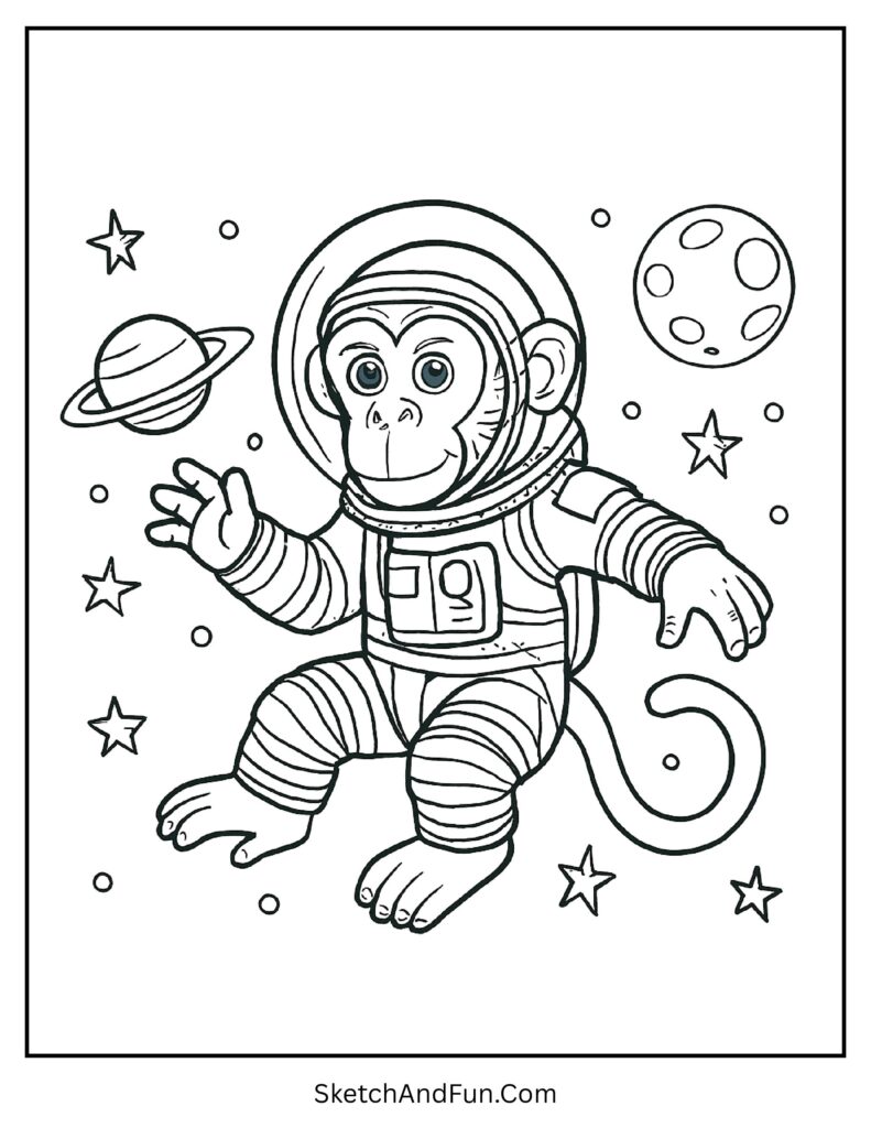 Space monkey floating among stars in monkey coloring sheets for toddlers