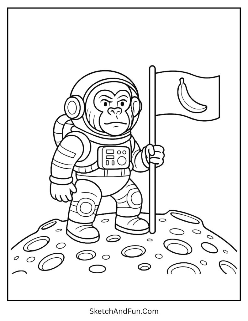 Astronaut monkey planting a banana flag in primate coloring pages monkey