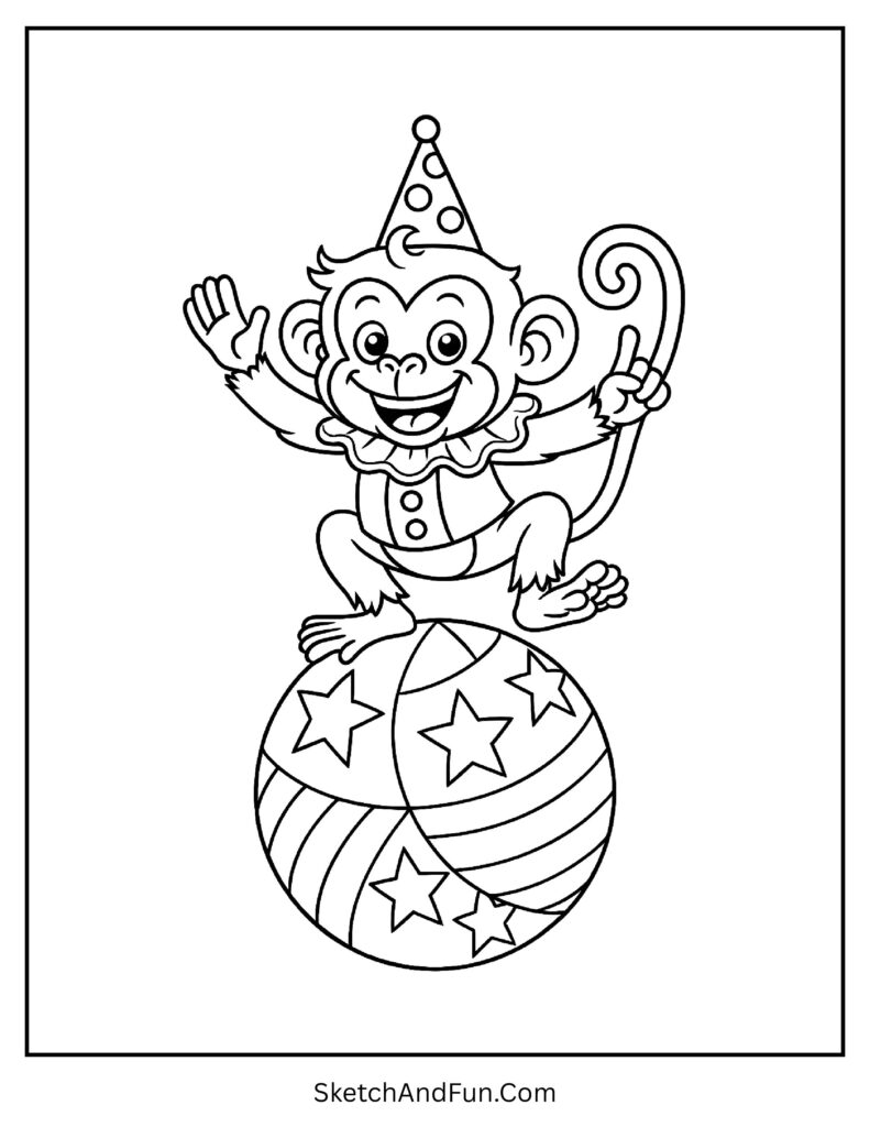 Circus monkey balancing on a giant ball in monkey coloring sheets printable PDF