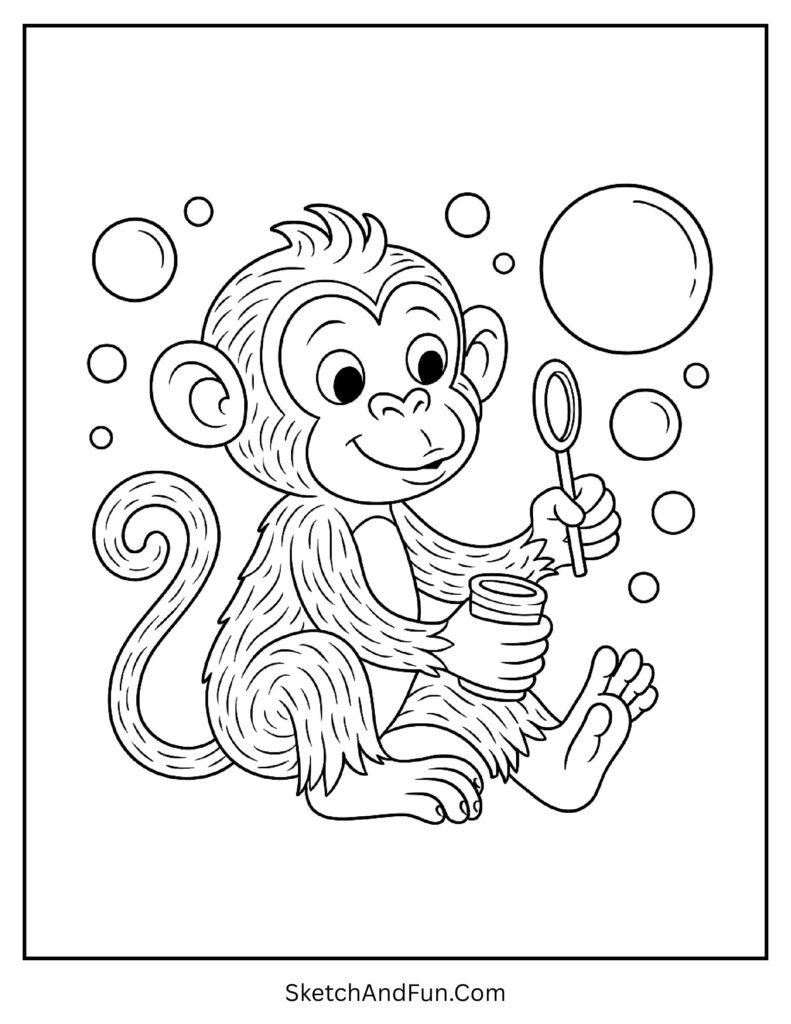 Playful monkey blowing bubbles in monkey mandala coloring page