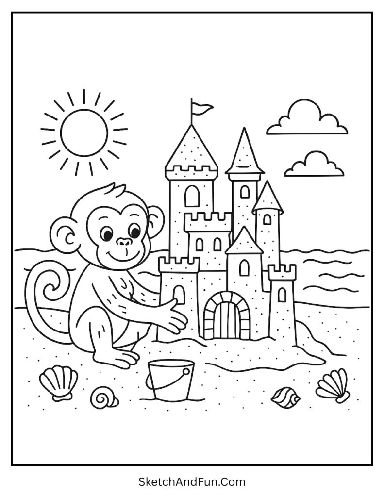 Beach monkey building a sandcastle in monkey coloring pages educational
