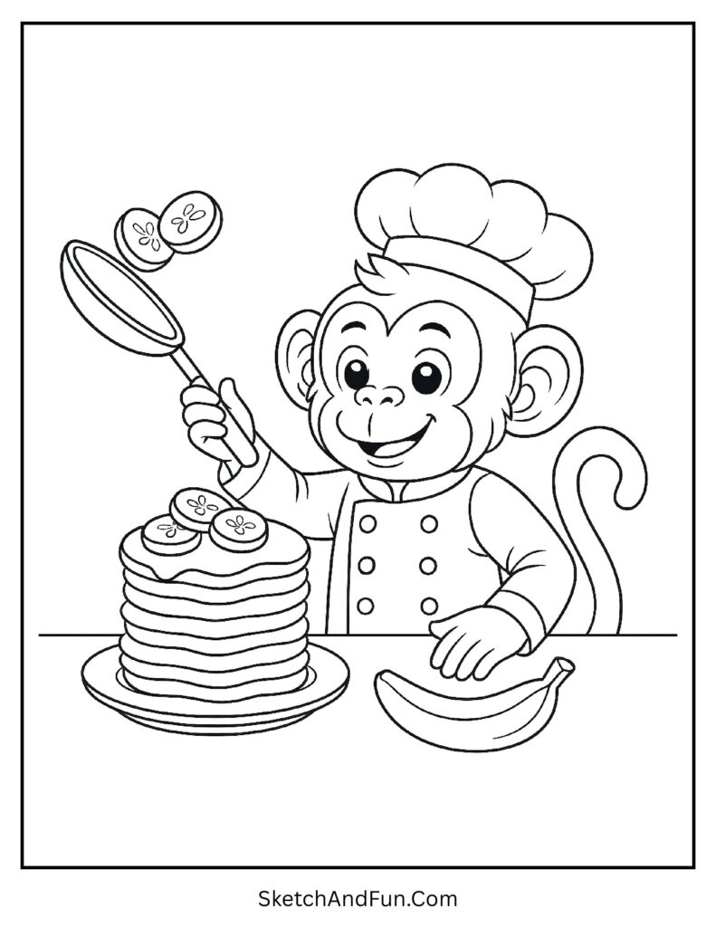 Chef monkey flipping banana pancakes in monkey coloring pages for kids