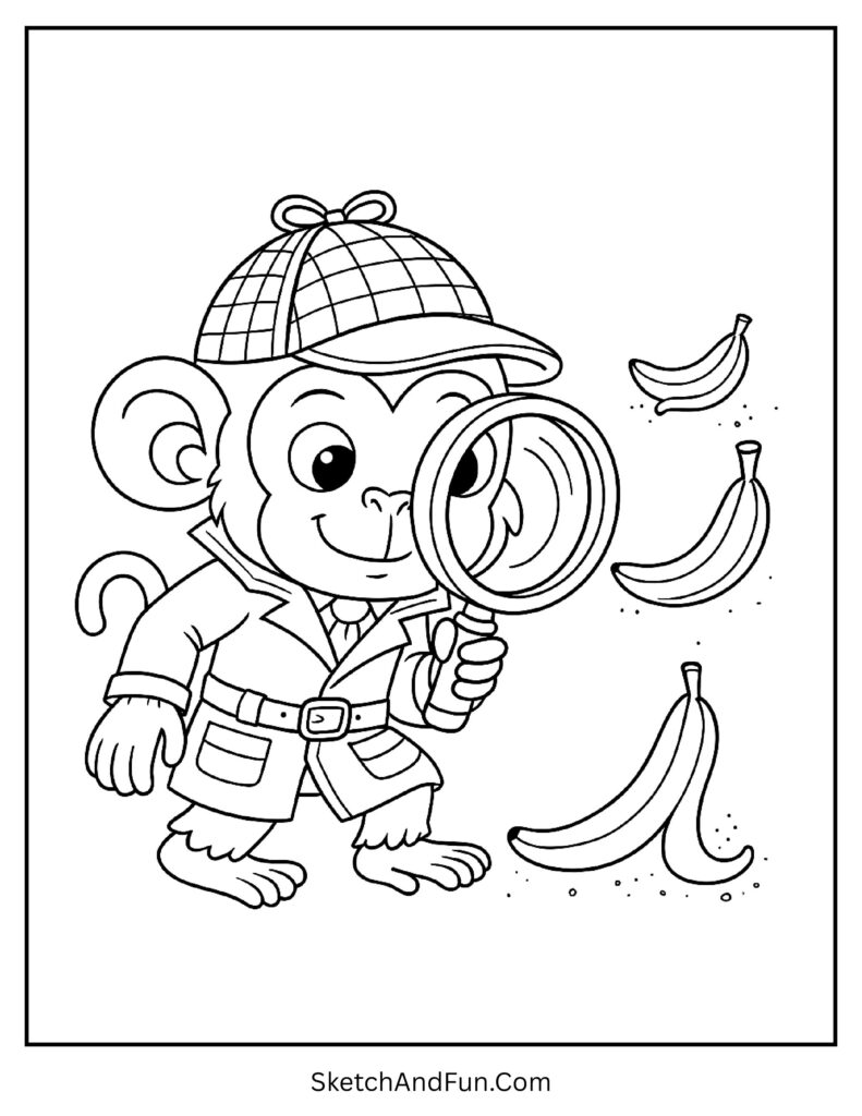 Detective monkey with magnifying glass in capuchin monkey coloring sheet