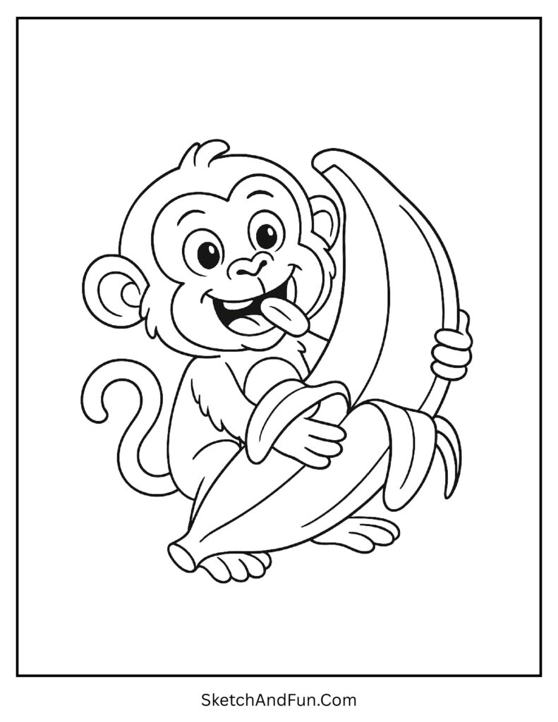 Playful monkey holding a huge banana in a monkey eating banana coloring page