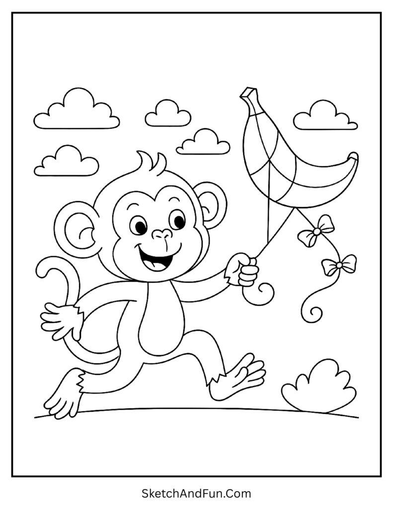 Monkey running with a kite in monkey coloring pages outline drawing