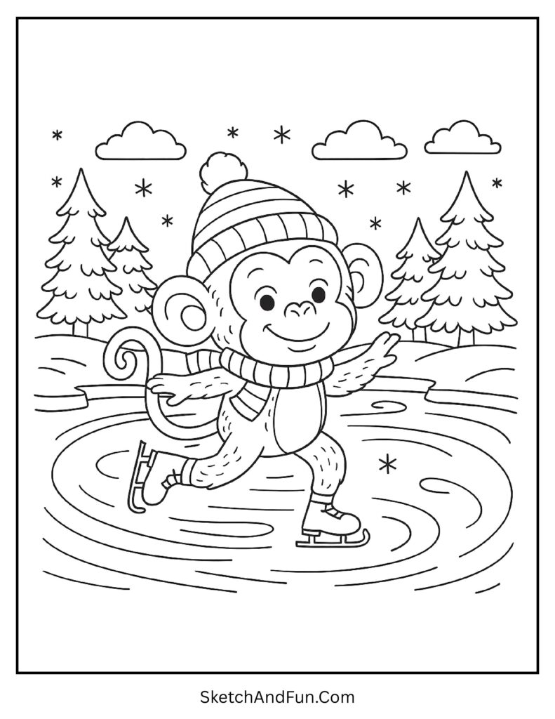 Winter monkey ice skating on a pond in safari monkey coloring page