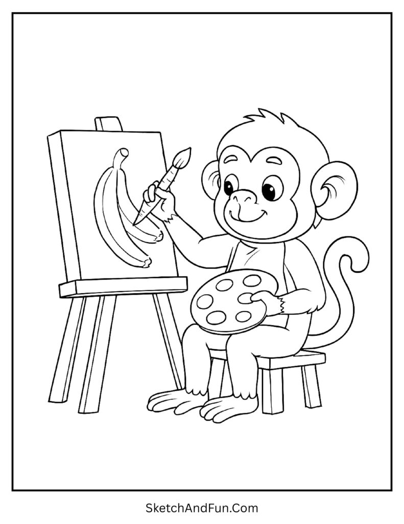 Creative monkey painting bananas in detailed monkey coloring book pages