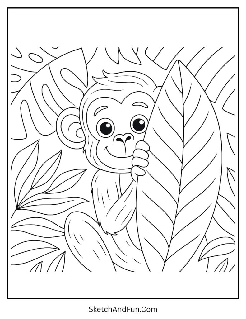 Shy monkey peeking behind a leaf in monkey coloring activity for preschool