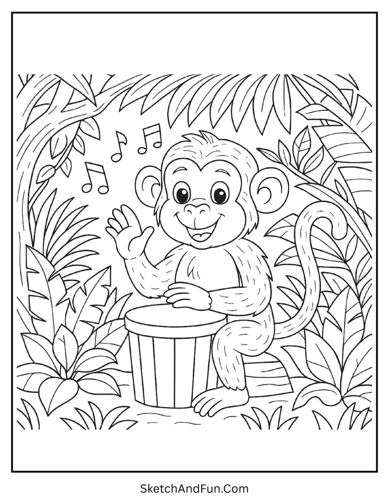 Jungle monkey tapping a drum with music notes in a jungle monkey coloring page