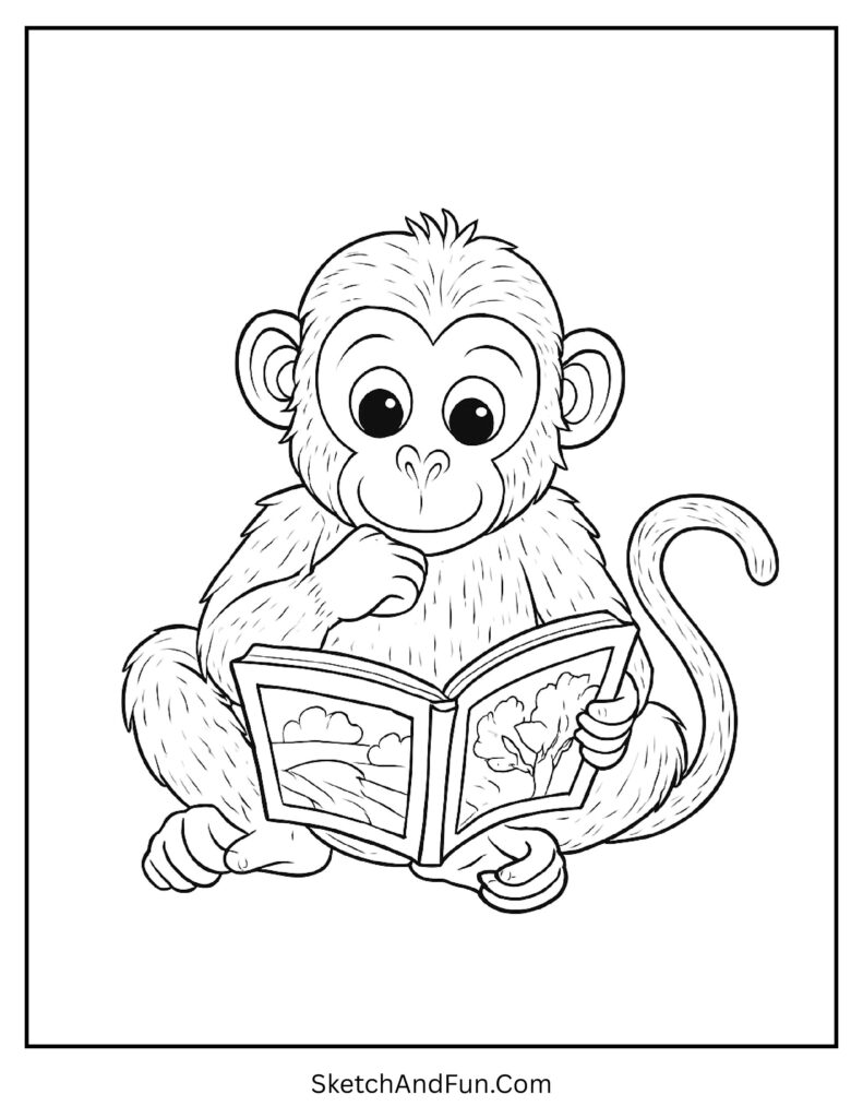 Thoughtful monkey reading a storybook in black and white monkey coloring page