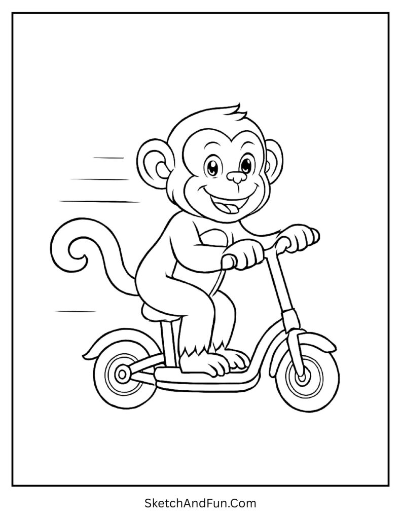 Happy monkey riding a scooter in easy monkey coloring pages