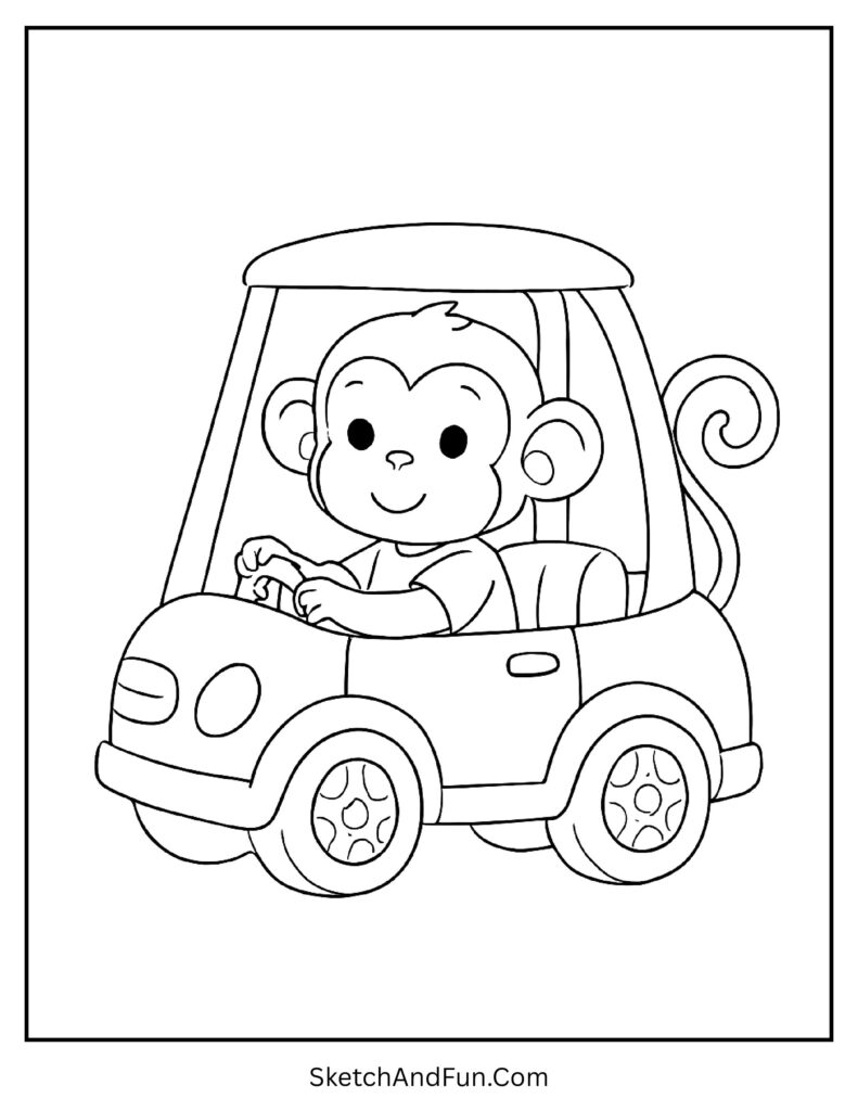 Toddler monkey riding a toy car in monkey coloring pages for kindergarten