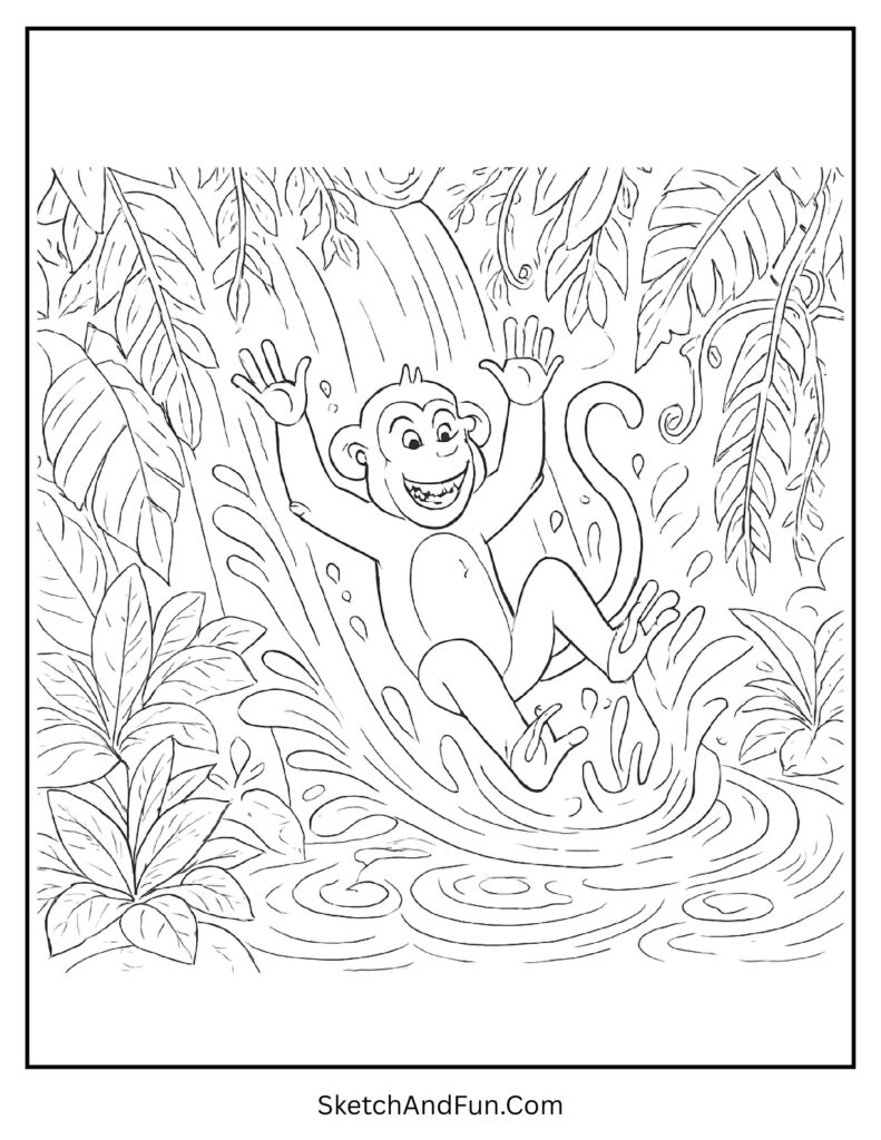 Wild monkey sliding down a waterfall in monkey coloring pages outline drawing